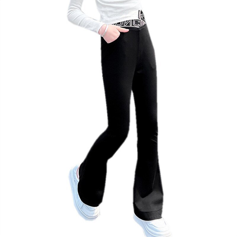 Pantalones acampanados para niña y niño, pantalones ajustados negros con letras de cintura elástica, ropa informal coreana para adolescentes de 5 a 14 años, primavera 2022