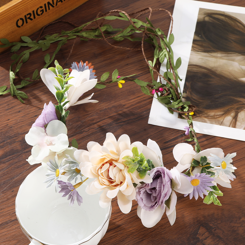 Haimeikang-Diadema de corona de flores para mujer, guirnalda de flores de melocotón, bandas para el cabello nupciales de boda, bandas florales para mujer, hoja de vid para: Plata