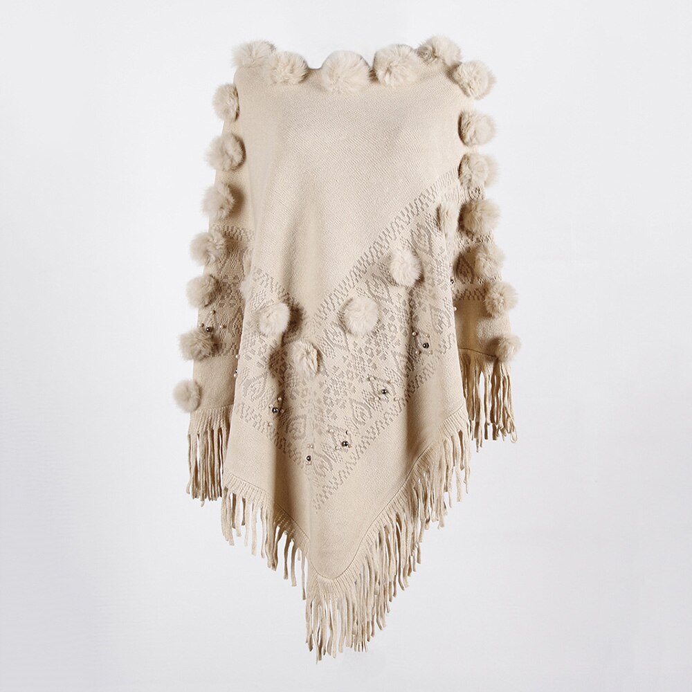 Cape Poncho pour femmes, col rond, avec pompon tricoté, Capes solides, manteau , Cape, châle, automne: Kaki
