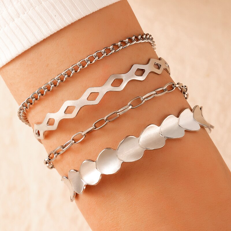 Docona-Conjunto de pulseras de aleación de Metal multicapa para mujer, brazalete bohemio de cristal y piedra media luna, corazón, hoja de árbol, joyería de boda, 9 estilos: 18270-silver