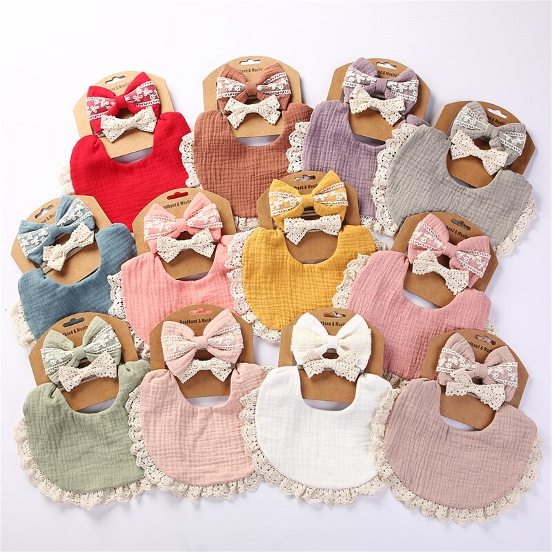 Baby Feeding Drool Bib Lace Headband Set Soft Cotton Saliva Towel Bandana Burp Cloth Hair Band for Newborn Toddler