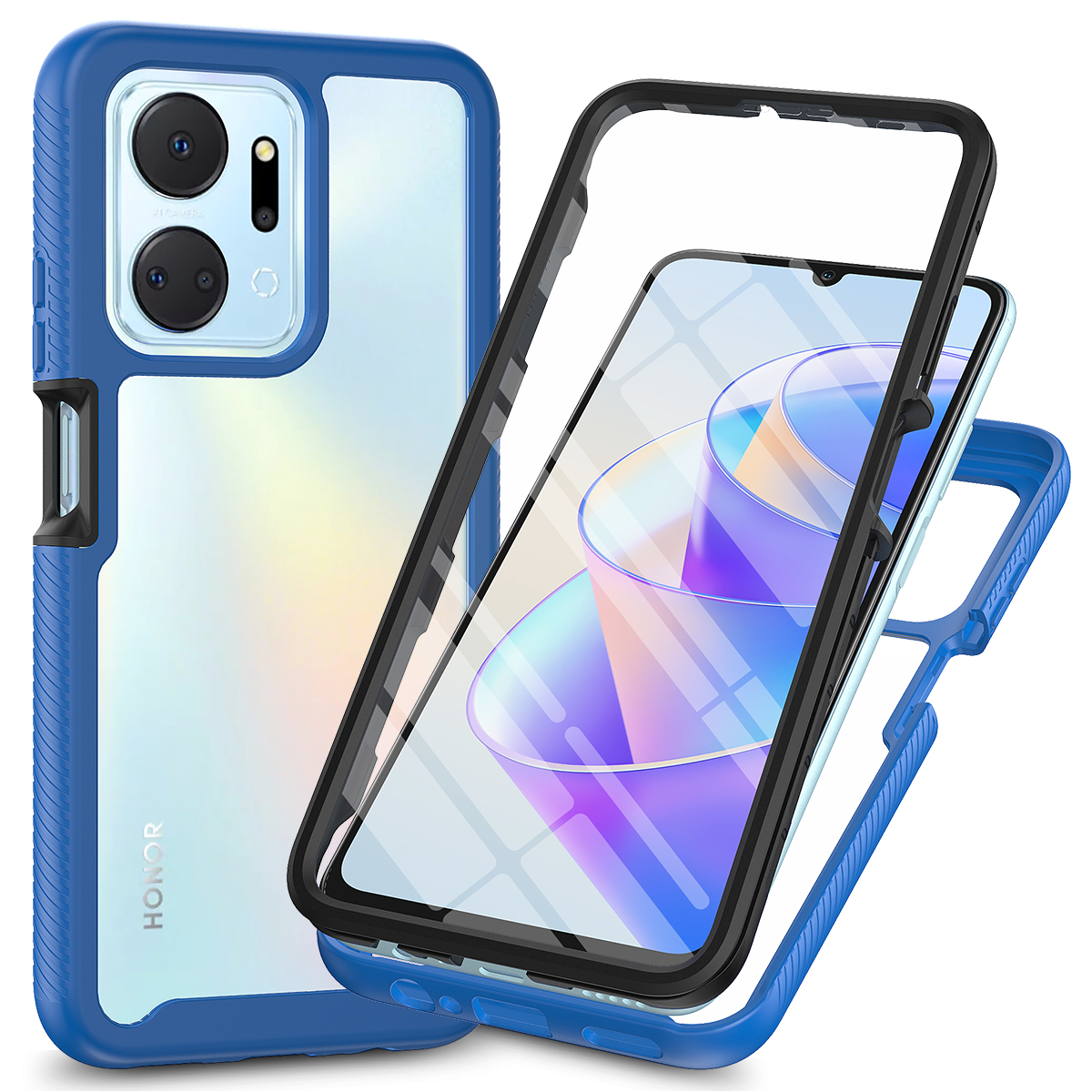 Funda de teléfono transparente a prueba de golpes, Protector de pantalla incorporado, parachoques de TPU, cubierta protectora resistente para HONOR X7A: Azul