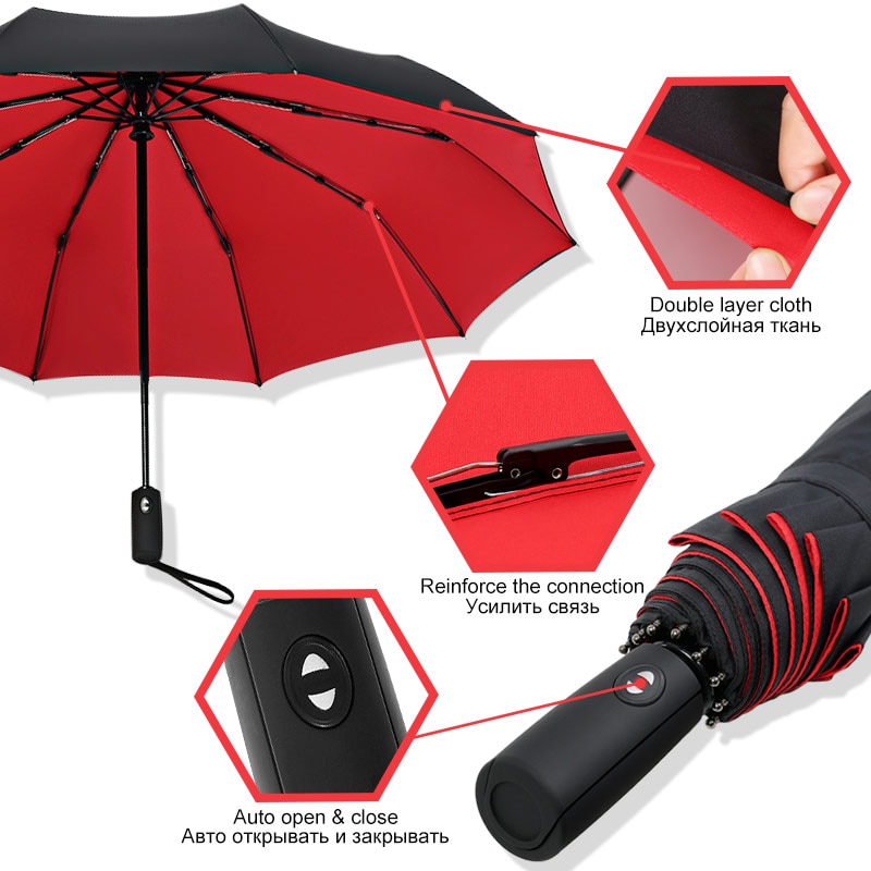 Paraguas automático de doble tela resistente al viento para hombre y mujer, sombrilla para hombre y mujer, de negocios, plegable, 10 varillas