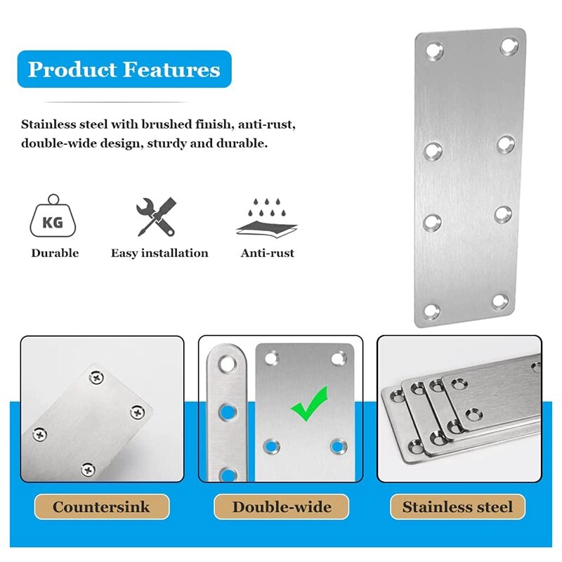 4 PCS Straight Bracket Flat Mending Plate Stainless Steel Brace with Screws for Furniture Wooden Door Wood