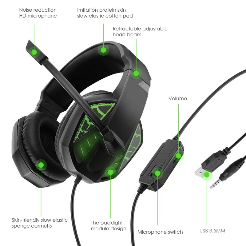 Gamingowy zestaw słuchawkowy świecące słuchawki regulowany bas Stereo przewodowe słuchawki z mikrofonem do PS5/ PS4 /XBOX/PC/Laptop/przełącznik