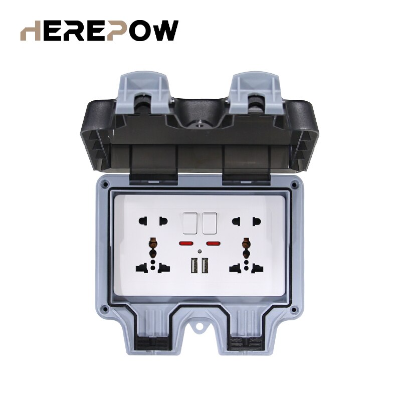 Herepow IP66 Waterproof Weatherproof outdoor outlet, 1 set universal / UK standard: Box-double white