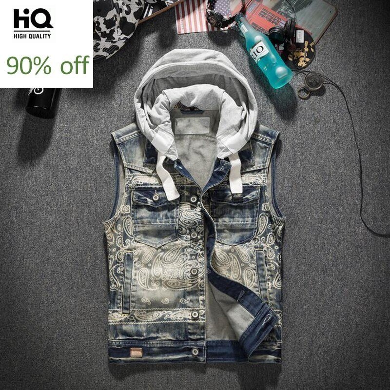Spring Autumn Mens Hat Detachable Denim Waistcoats Vintage Printed Single Breasted Slim Plus Size Male Sleeveless Vests