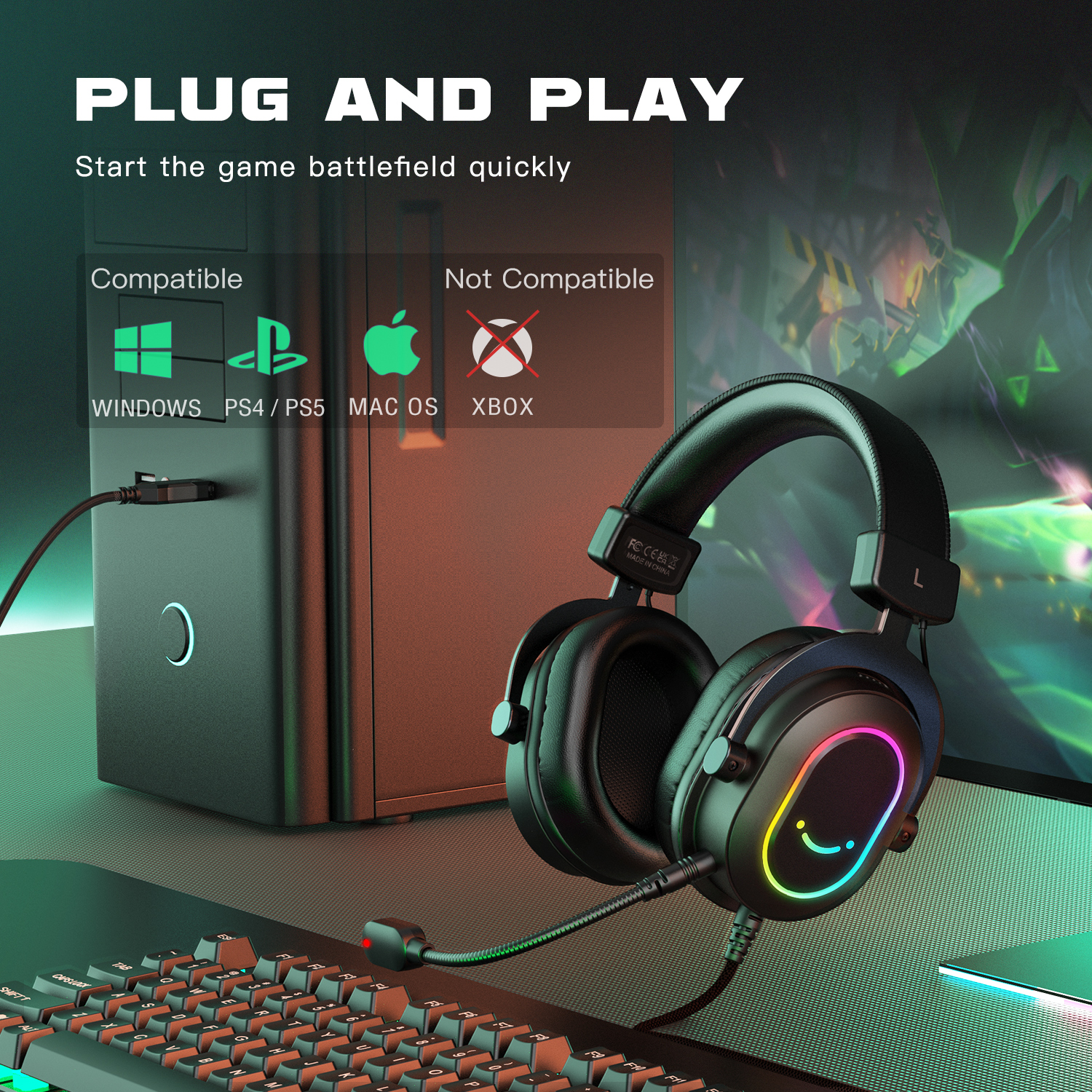 Zestaw słuchawkowy FIFINE USB do gier z dźwiękiem przestrzennym 7.1/kontrolą linii/trybem 3EQ, słuchawki RGB z mikrofonem, Plug and Play, do komputera/PS5 -H6