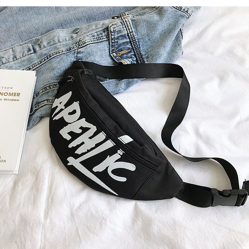 Vrouwen Mannen Taille Fanny Pack Unisex Riem Tas Brief Gedrukt Borst Bag Key Telefoon Pouch Reistassen: black waist bag