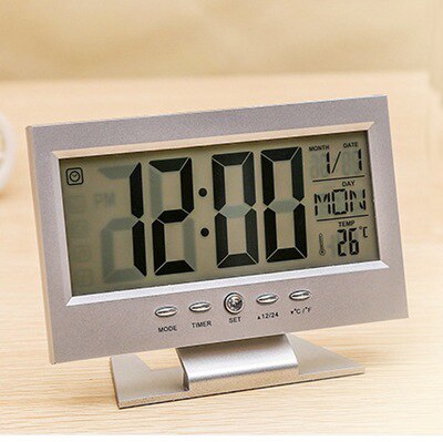 Röststyrning digital klocka bakgrundsbelysning ledd bordsklocka vädermonitor kalender med termometer skrivbordsklocka