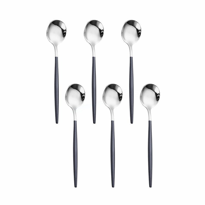 6Pcs Black Silver Cutlery Set Stainless Steel Tea Spoons Dinnerware Set Kitchen Flatware Silverware Tableware Set Eco Friendly: black silver 6pcs
