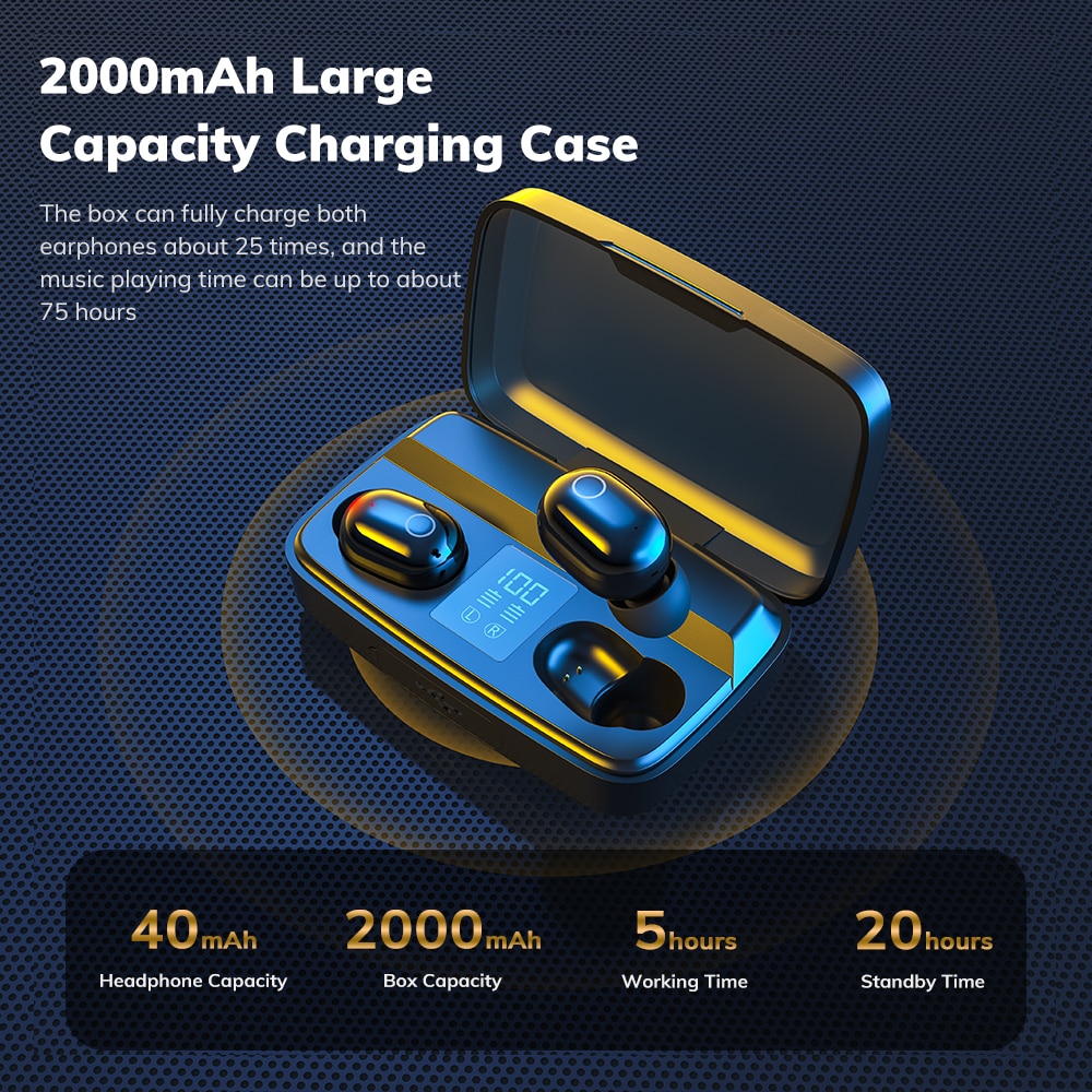 TOPK T10 Wireless Bluetooth Headphones V5.0 Fingerprint Touch Control Bluetooth Earphones with microphone 2000mAh Charging Box