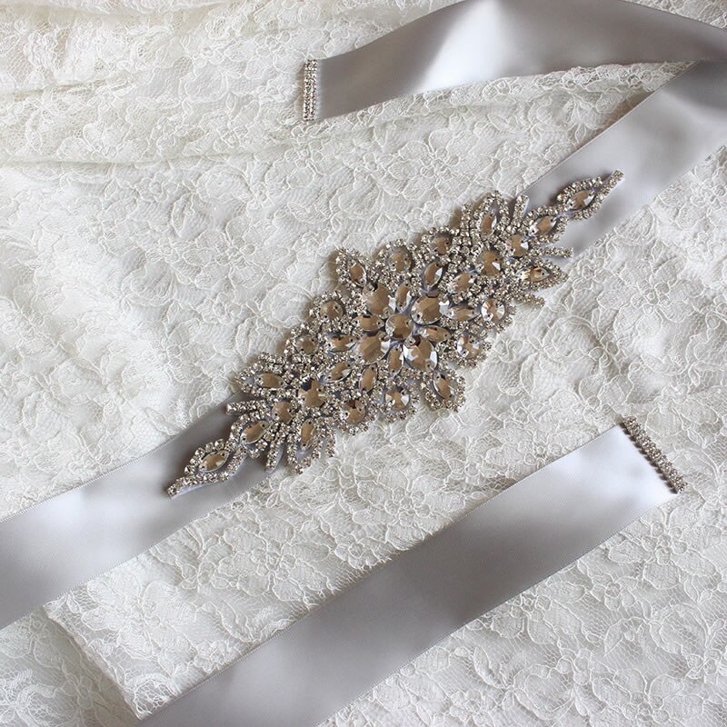 Bridal Crystal Wedding Accessories Satin Dress Belt Ribbon Waistband Sash for Evening Prom Dresses: Grey