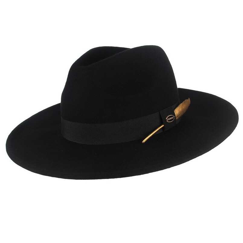 Gemvie 100%  uldfilt hat 3 farver stiv bred rand fedora til mand/kvinder stribet fjerbånd efterår vinter panama jazz cap: Sort