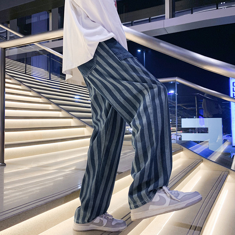 Men's Blue Striped Baggy Jeans 2022 Spring Korean Y2k Style Denim Straight Wide Leg Pants Male Branded Trousers