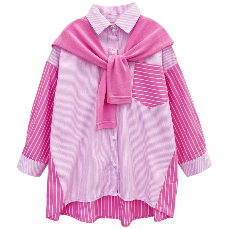 Camicie a righe rosa coreane per ragazze adolescenti bambini colletto rovesciato in cotone Patchwork a righe top camicette a maniche lunghe per bambini: Pink Striped Shirt / 4T