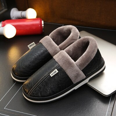 Män vintertofflor manliga inomhus bomullsflip flops skor dam pu läder vattentät varm hem toffel stor storlek: Svart / 36-37