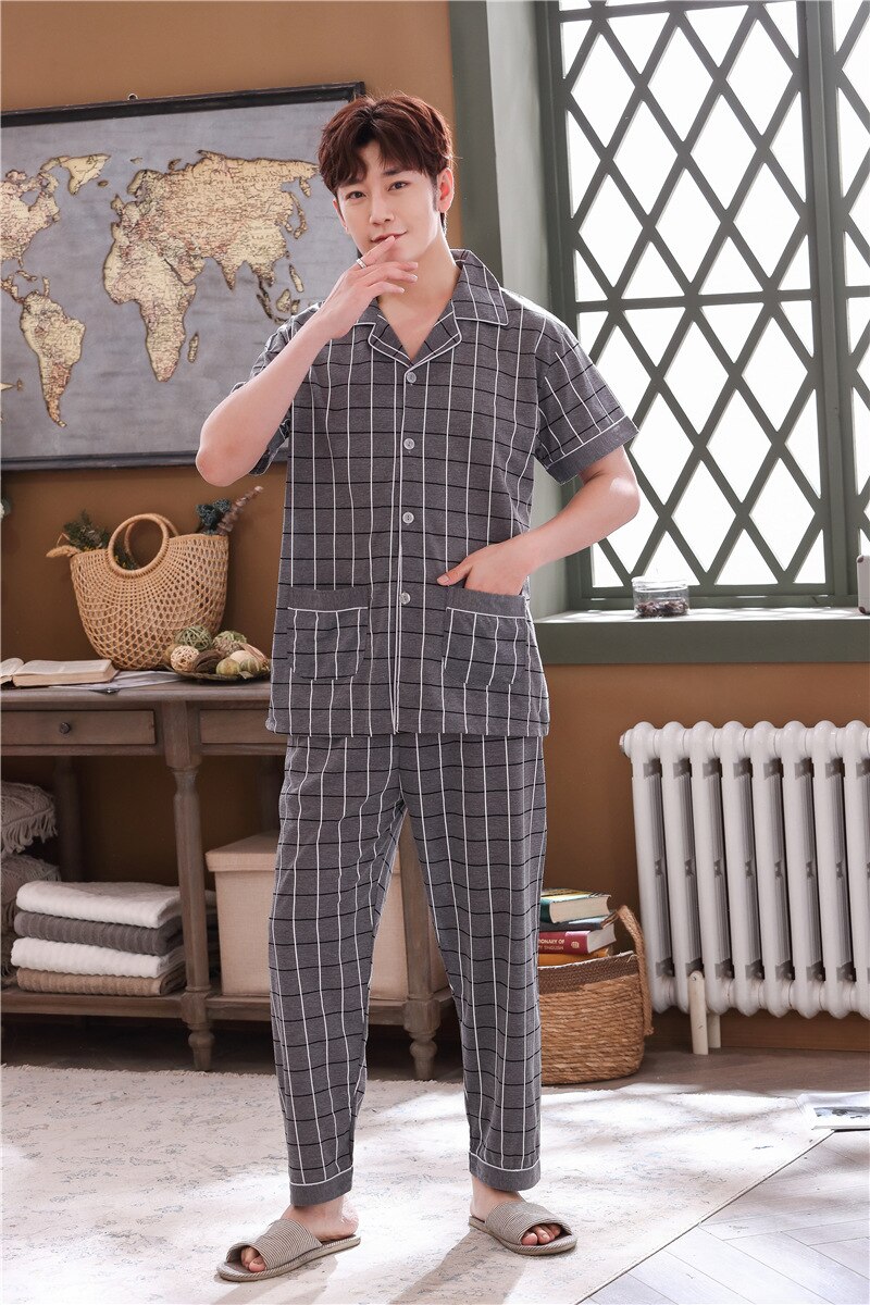 de pijamas sexis para hombre, vestido de noche con solapa de algodón y manga corta con estampado de popa de dormir a rayas