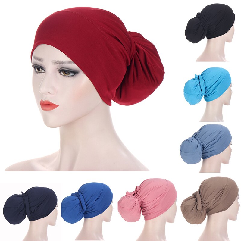 Polyester Headscarf 2022 Elastic Turban Hat Solid Color Women Warm Winter Headscarf Bonnet Inner Hijabs Cap Muslim