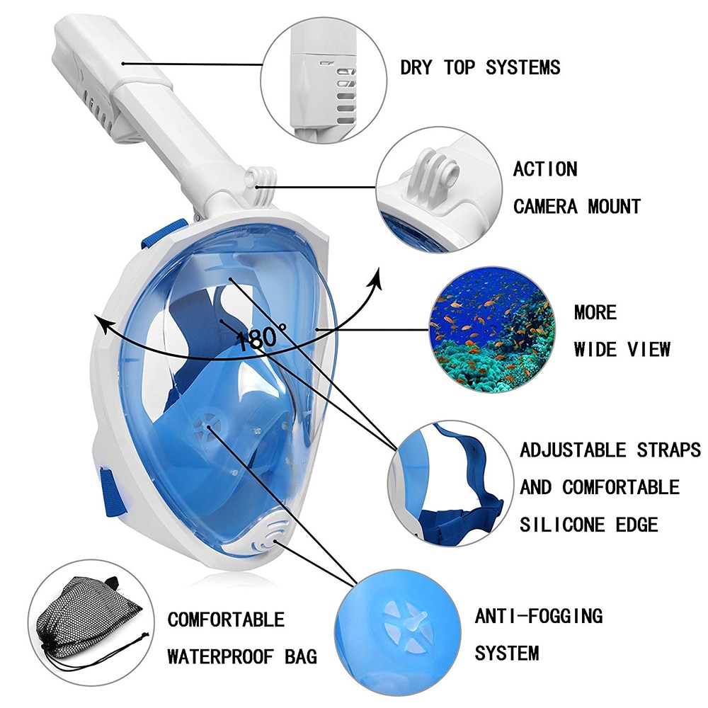 Piatto di Nuoto Snorkel Diving Mask 180 Vista Panoramica Respirazione Libera Pieno Viso Maschera Per Lo Snorkeling Anti-nebbia Anti-perdita adulti e Bambini