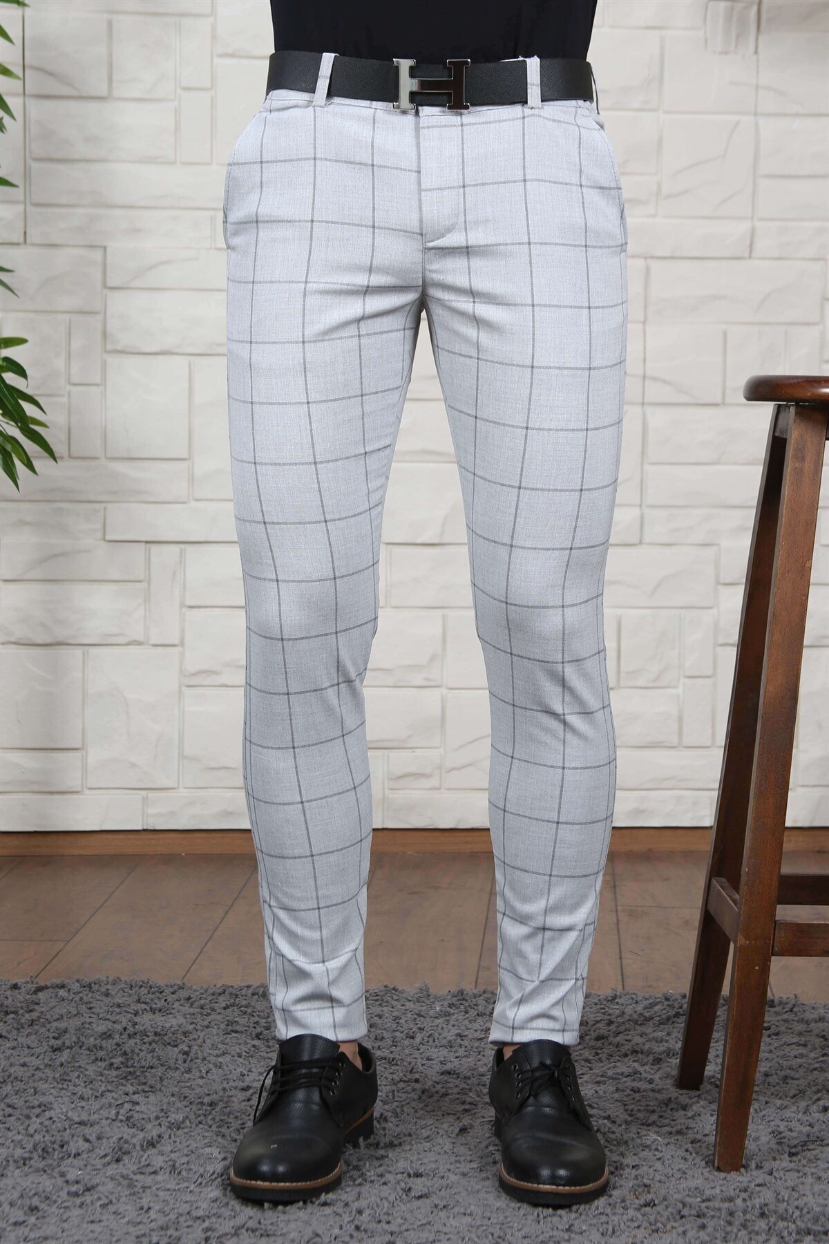 Slimfit-pantalones de tela escocesa para hombre, de Lycra fina, Color gris, a la , para primavera y verano, para uso diario,
