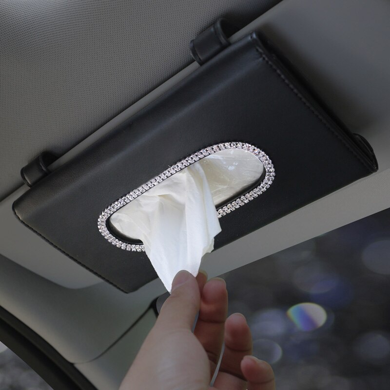 Krystal kvaster bilvævsholder taske solskærm hængende diamant krone læder auto tissuepapir kasse til bil tilbehør: Sort
