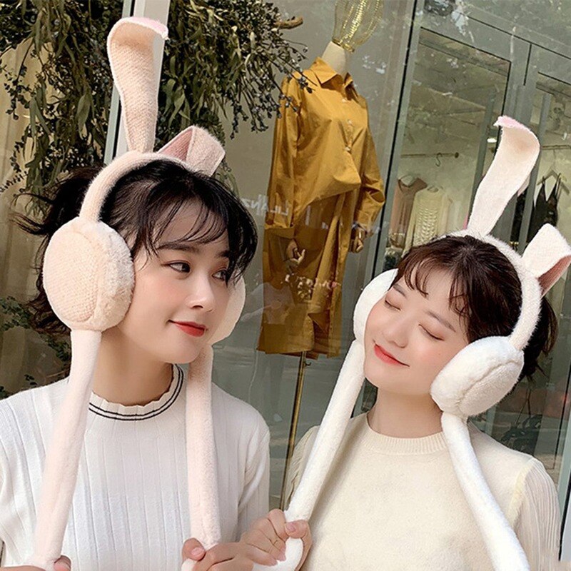 Protège-oreilles mobiles pliables avec oreille de lapin en hiver coupe-vent pour filles, protège-oreilles en peluche tricoté, oreilles de lapin poilu