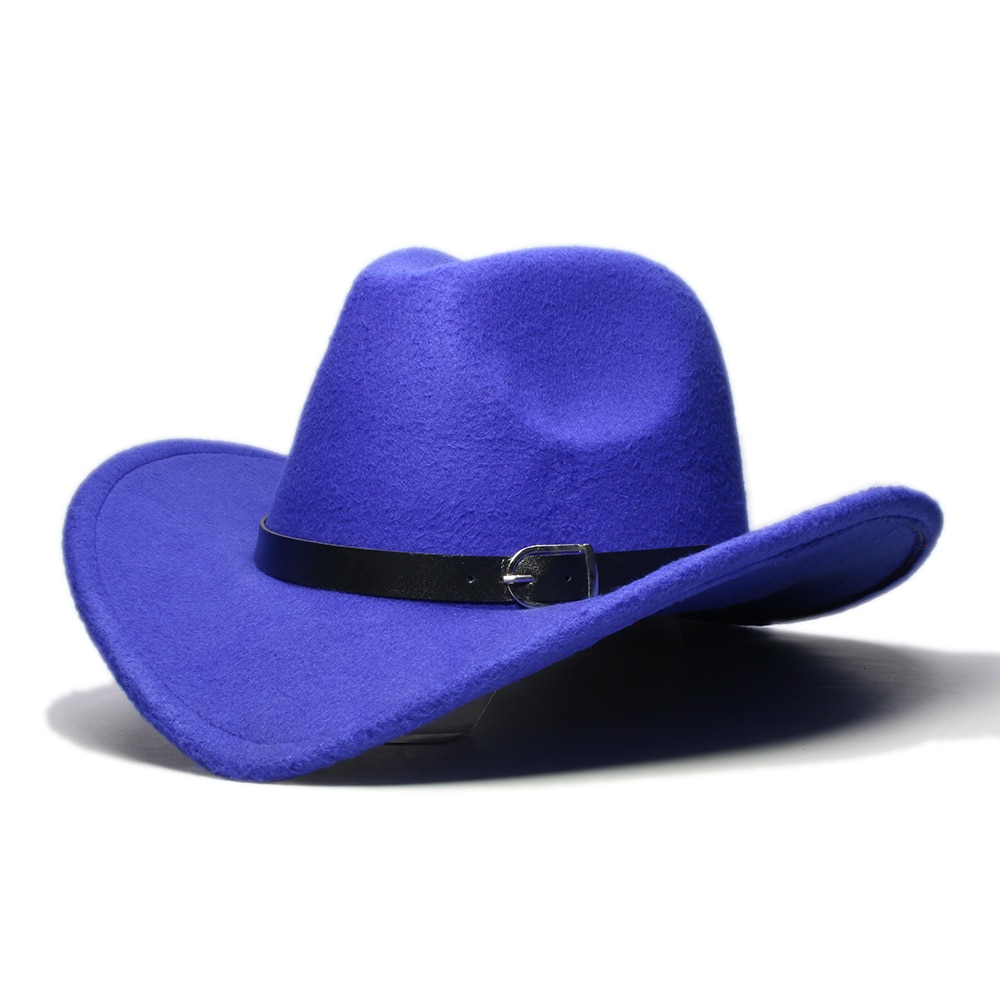 Vintage Parent-child Women Men /Kid Wool Wide Brim Cowboy Western Hat Cowgirl Bowler Cap Black Leather Band (57//54cm): Blue / Kid Size 54cm