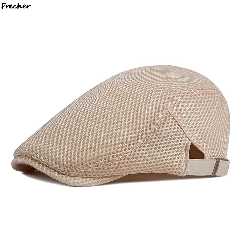 Casquette de livreur de journaux en maille respirante, chapeau plat d'été pour hommes et femmes, béret britannique, Casquette de conduite, Cabbie de Golf à la: WHITE