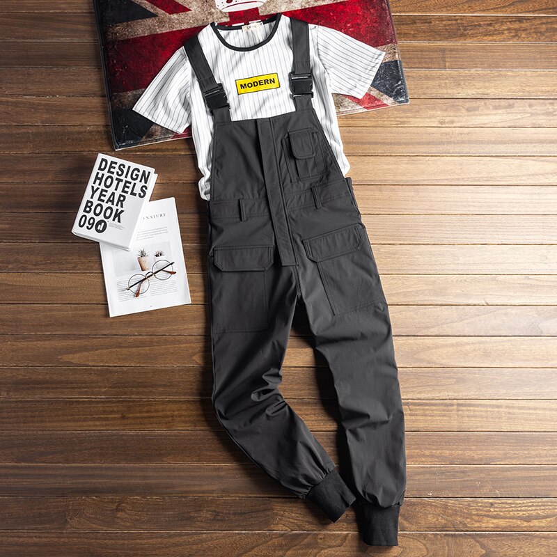 Safari stil! multi-pocket bib overalls mænd hip hop streetwear cargo arbejdsbukser overalls mænds afslappede løse buks hagesmæk bukser: Xxl / Sort