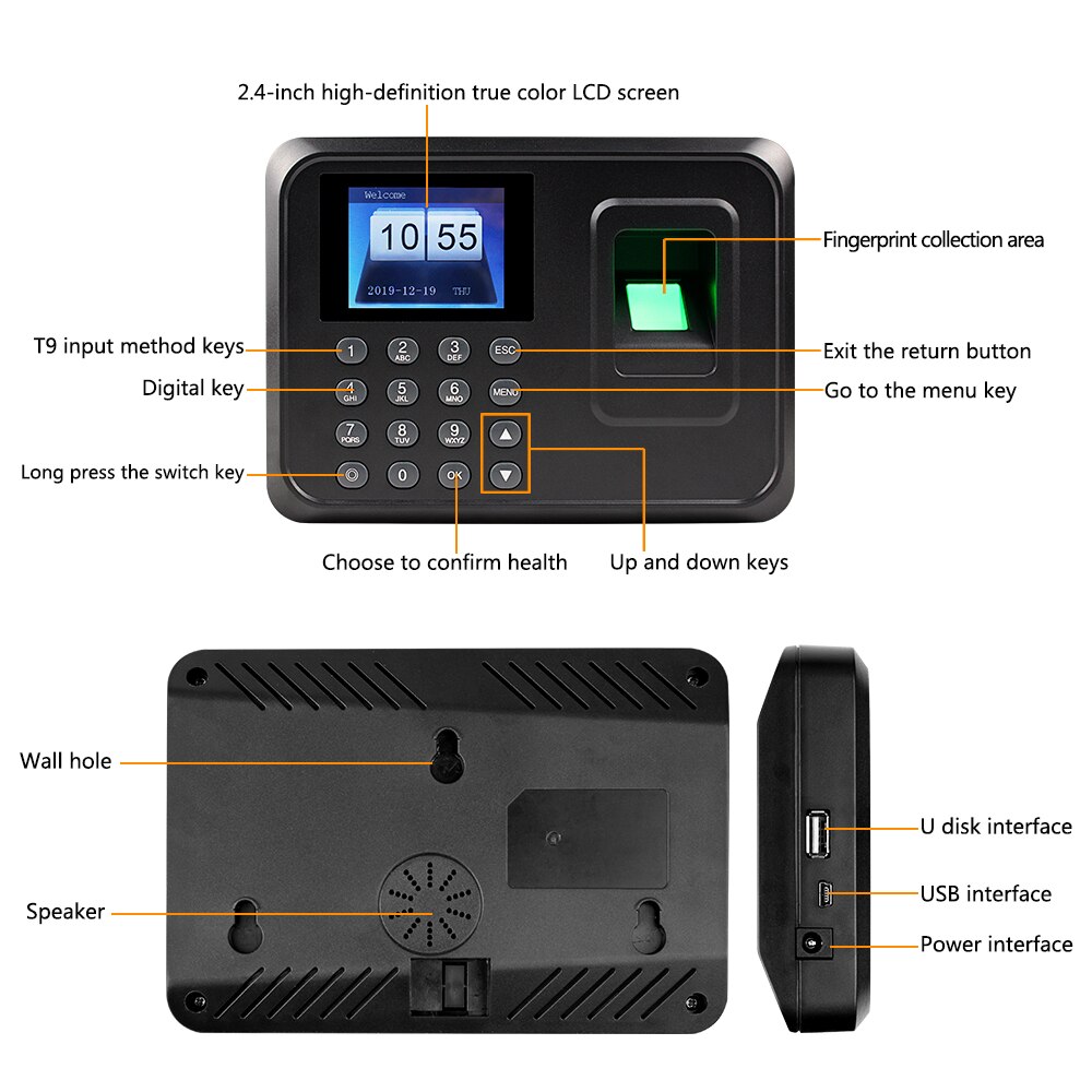 2.4inch USB Biometric RFID Fingerprint Attendance Time Clock Recorder Employee Electronic Card Reader Machine A6