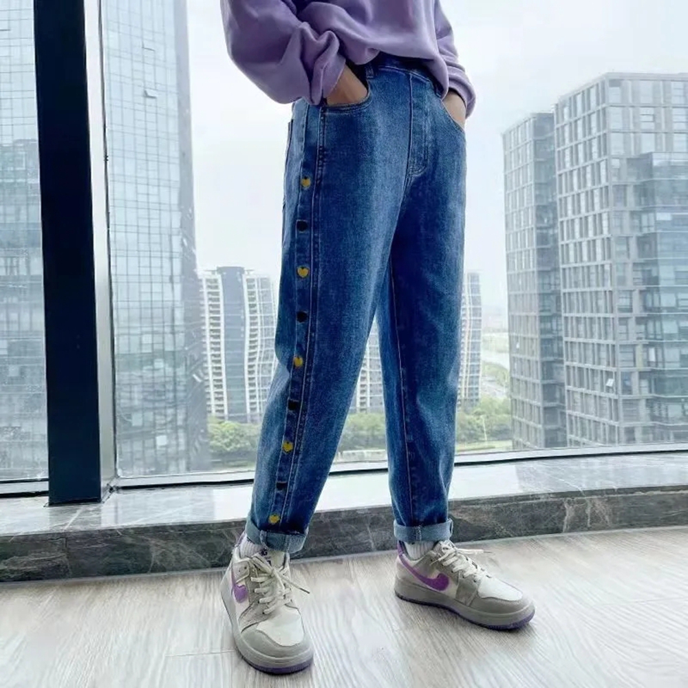 Jean bleu en Denim pour filles de 5 à 15 ans, taille élastique, ample, complet, vêtements pour enfants, 12