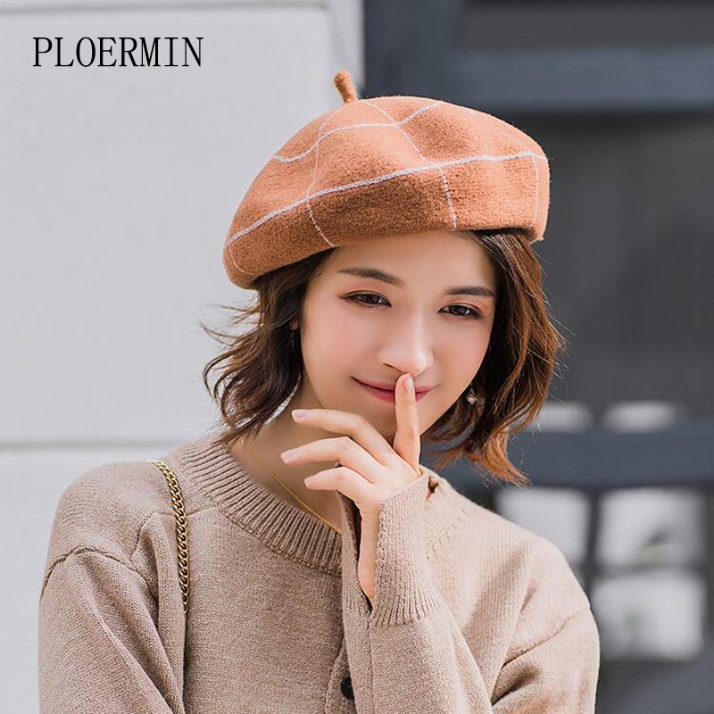 Boinas de invierno a cuadros para mujer Vintage de lana de punto sombreros femeninos estilo británico gorro de señora gorro de pintor sombreros de niña boina