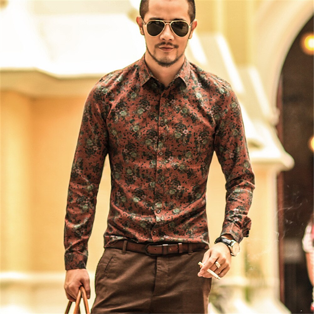 Green Dress Shirts for Men Cotton Rust Tuxedo Shirt Men&#39;s Slim Fit Wedding Party Casual Floral Pattern Man Button Up Shirt C071: C071-002 / XXXL