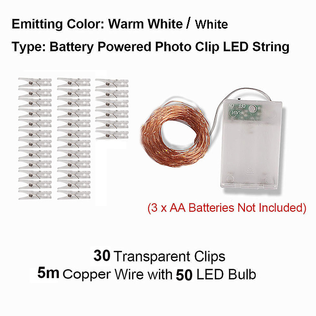 Led ljusslinga 10m fotoklipp usb fairy lights girlander juldekoration fest bröllop jul för sovrum vägg bar skåp: 5m 50 lysdioder nej aa / Varm vit