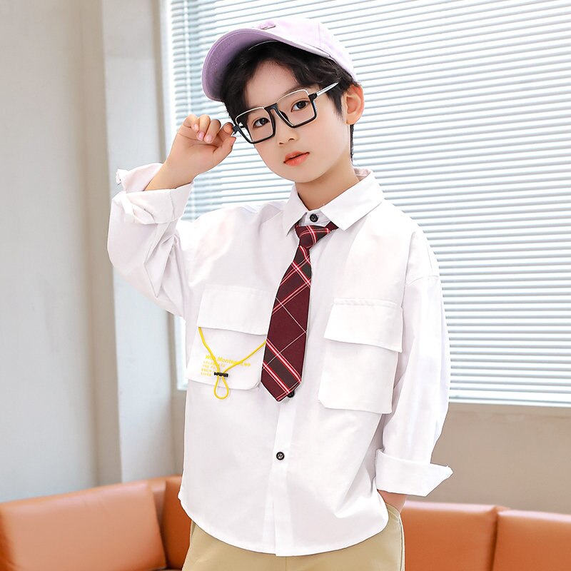 Chemises à la de Style anglais pour enfants, vêtements avec cravate, 100% coton, manches longues, uniforme scolaire pour garçons, offre spéciale