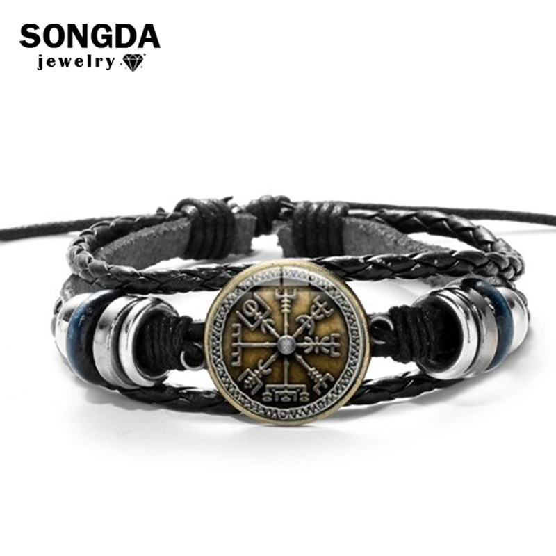 Jahrgang Wikinger Kompass Leder Armbinde Männer Frauen nordisch Runen Odin Symbol Gedruckt Glas Zeit Edelstein Charme Armbänder Armreifen