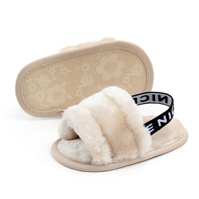 Baby Girls Shoes Sweet Summer Faux Fur shoes girls boys first walk Newborn Infant Baby Solid Flock Soft Sandals Casual Slipper: ZY0171K / 1