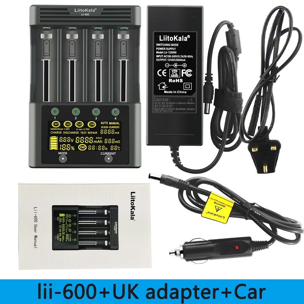 LiitoKala Lii-600 Battery Charger For Li-ion 3.7V and NiMH 1.2V battery Suitable for 18650 26650 21700 26700 AA AAA12V5A adapter: UK-Lii-600 and car