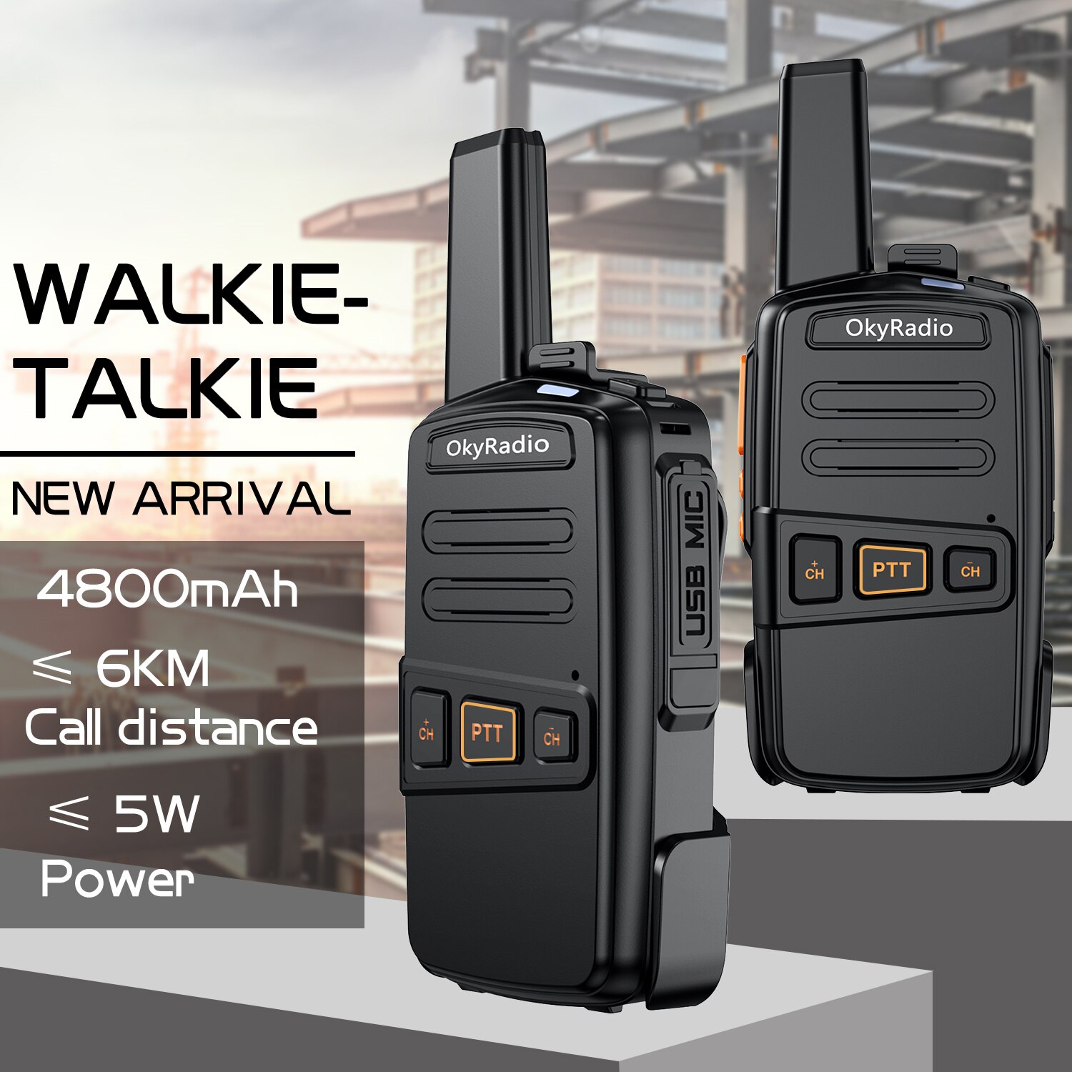 2022 Hot 5w lavoro walkie-talkie 6km chiamata 4800mAh batteria OkyRadio portatile impermeabile walkie-talkie forte anti-goccia Dropshipping: Black-2pcs