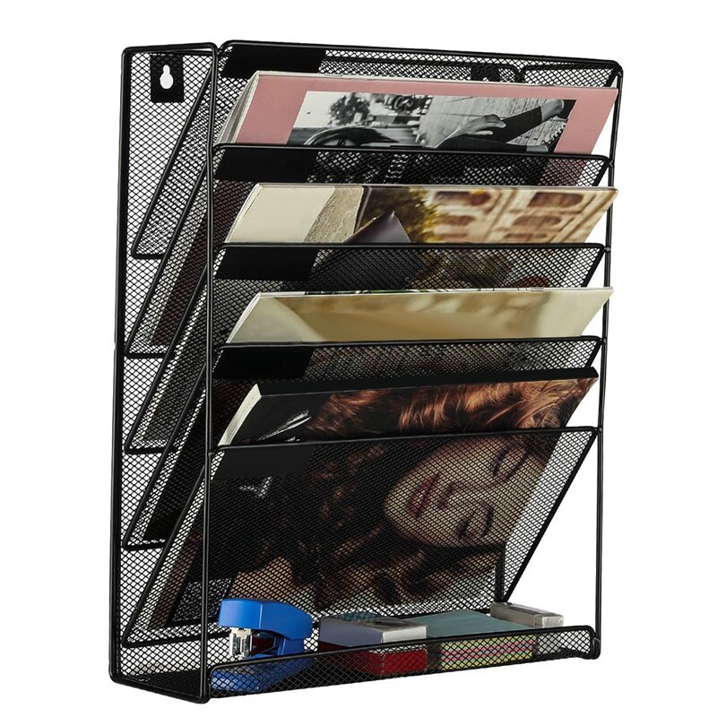 Metal Mesh Wall-Mounted Magazine File Rack Office Desk 5 Layer Interval Archive File Magazine Magazine Notebook Storage Black