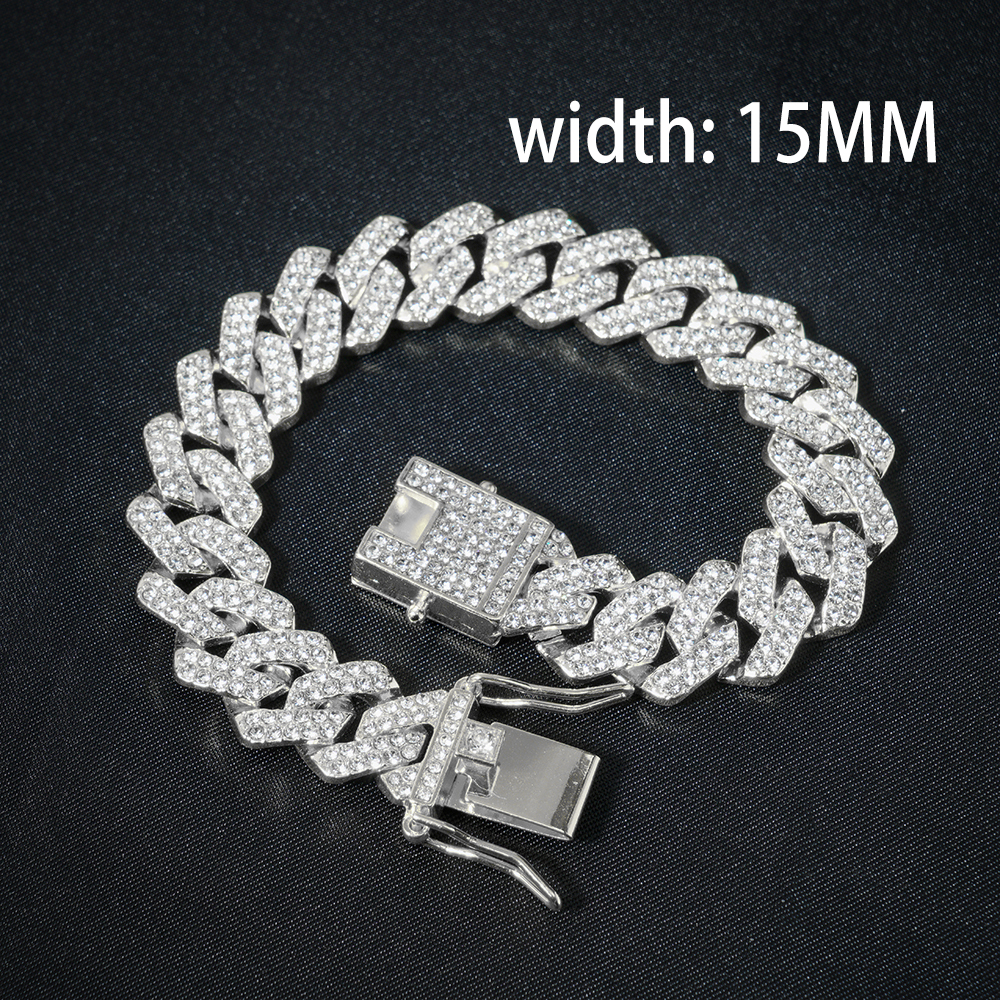 HipHop Men Women 13MM Prong Cuban Link Chain Bracelet Bling Iced Out 2 Row Rhinestone Paved Miami Rhombus Cuban Chain Jewelry: 16cm / cobalt violet