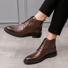 Våren hög topp herr martin boots brogue engelsk stil solida stövlar snörning flock gummi vinter hög topp herr ankelstövlar skor