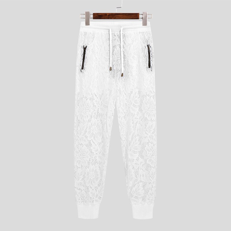 Mannen Slapen Broek Kant Rits Patchwork Homewear Trekkoord Transparante Sexy 2022 Mannen Broek Zakken Slaap Bodems S-5XL Incerun: Xl