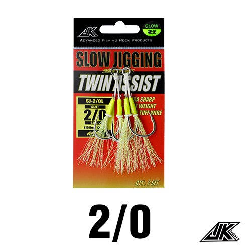 JK Fishing Hooks Sea Glow 1/0 2/0 3/0 4/0 Fish Assist Hook Twins Double Fishery Fishhooks Jig Slow Feather for Fishing Attract: SJ- 2 l 0