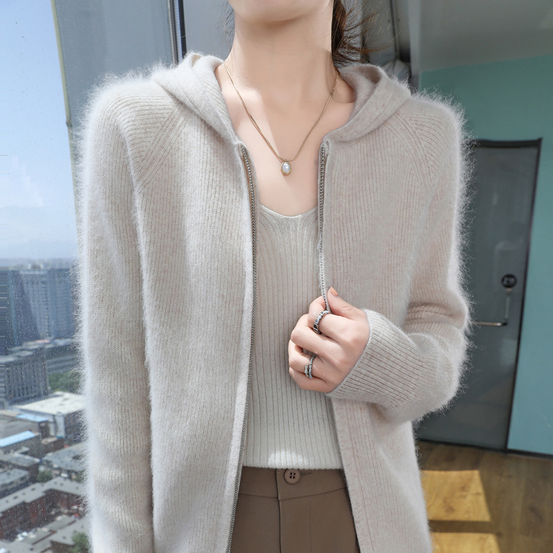 100 % reiner Nerz-Kaschmir-Strickjacke mit Reißverschluss, Damen-Strickmantel mit Kapuze, Kapuzenpullover, lässige, lockere Jacke, Winter, lange Ärmel, verdickte Oberteile