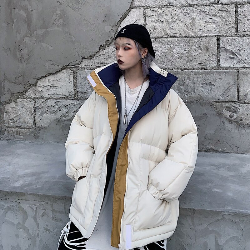Vinter  -20 ℃ oversize jakke kvinde frakke patchwork vindjakke kvinder polstret lynlås outwear parka tyk streetwear overfrakke varm: Abrikos / L