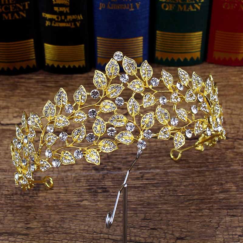 Barock Luxus Kristall Frauen Crown Vinatge Königin Tiara Braut Diadem Für Braut Gold Stirnband Prom Mädchen Hochzeit Haar Zubehör: leaves diadem