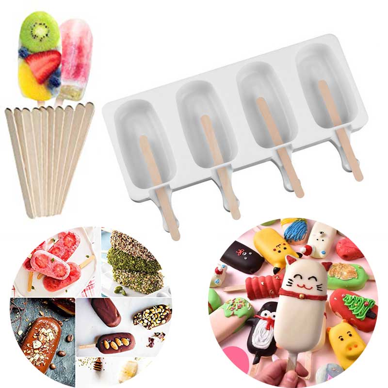 Moldes de sorvete congelado, moldes de silicone com 10 pçs de picolés, 4 cavidades, faça você mesmo, moldes de cozinha, utensílios de criação de sobremesa