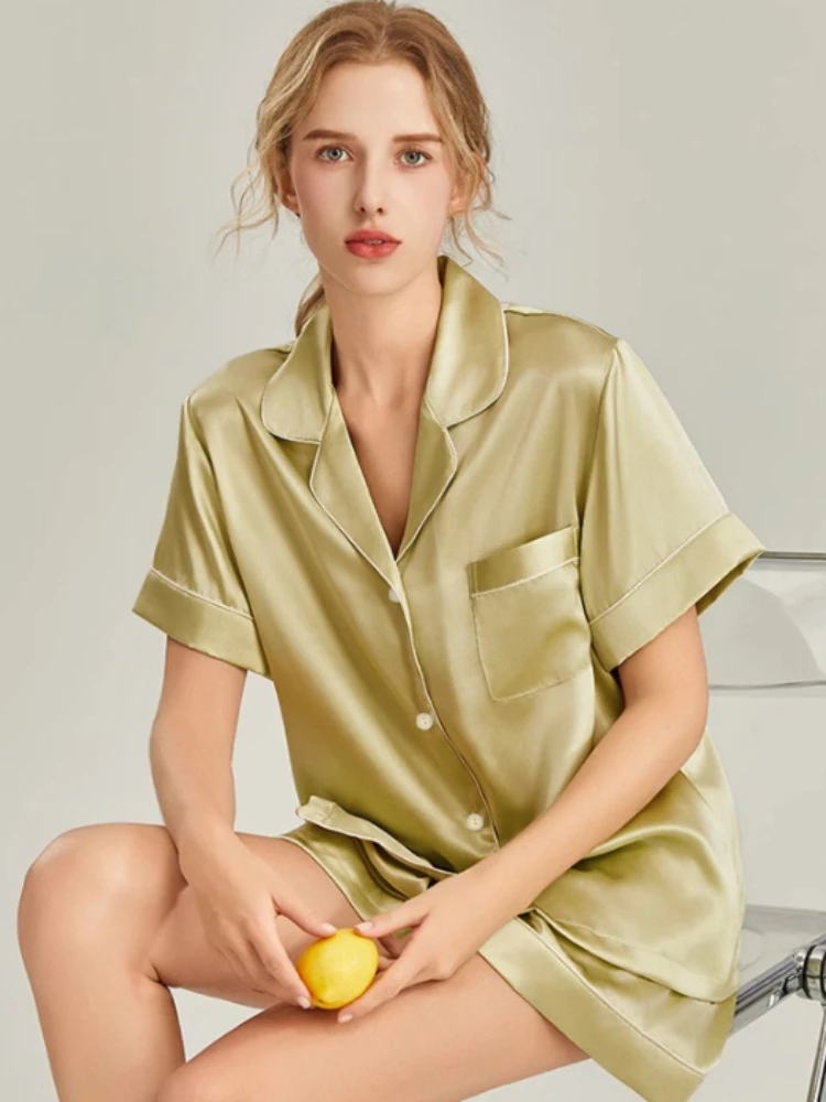 Summer Blue Women's Pajama Set Faux Stain Sleepwear V-neck Pyjama Button Top Shorts Slim 2-piece Female Nightgown Loungewear: L / Blue